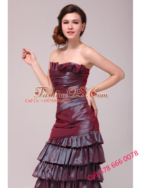 Burgundy Column Tea-length Prom Dress with Ruffled Layers