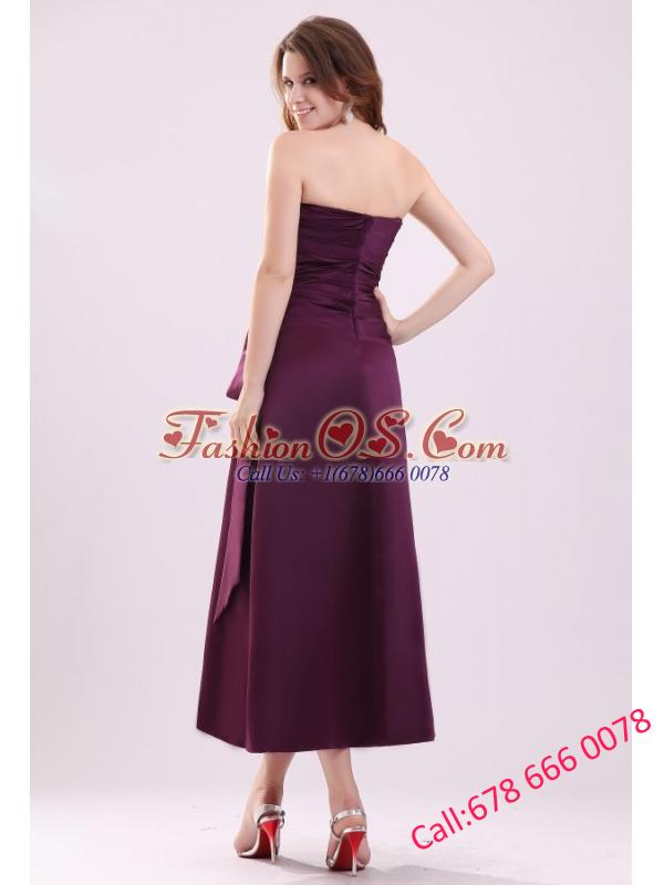 Cheap A-Line Strapless  Ankle-length Purple Ruching Prom Dress