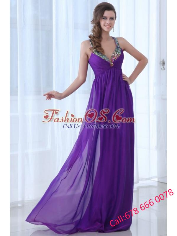 Empire Eggplant Purple Beading Straps Ruching Chiffon Prom Dress
