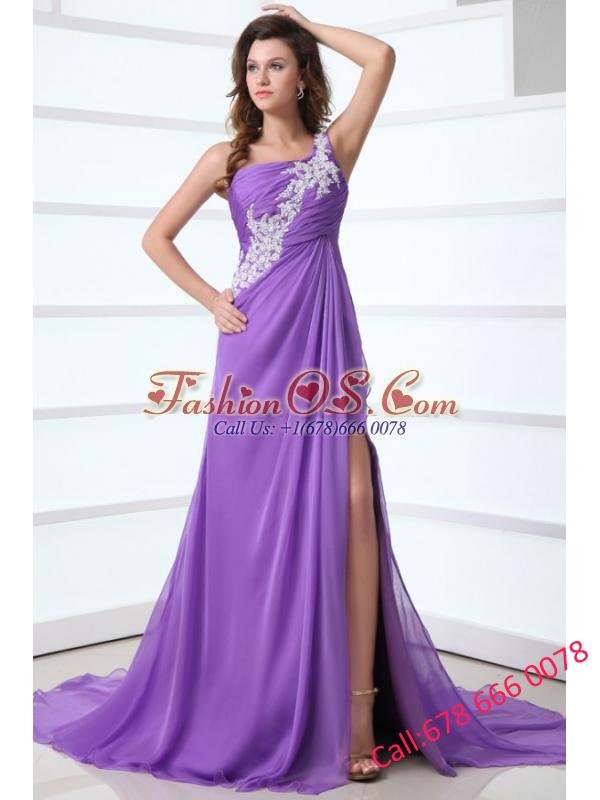 Purple Empire One Shoulder Brush Train Chiffon Appliques 2014 Prom Dress