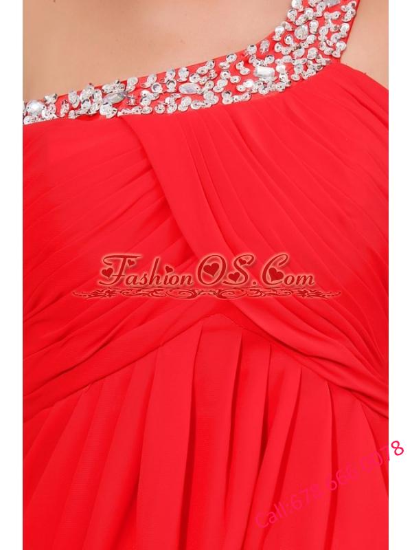 Sexy Red Empire One Shoulder Long Chiffon Beading Prom Dress with Criss Cross