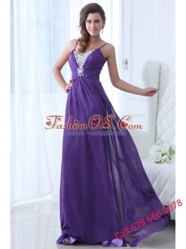 Simple Empire Straps Floor-length Chiffon Beading Purple Prom Dress