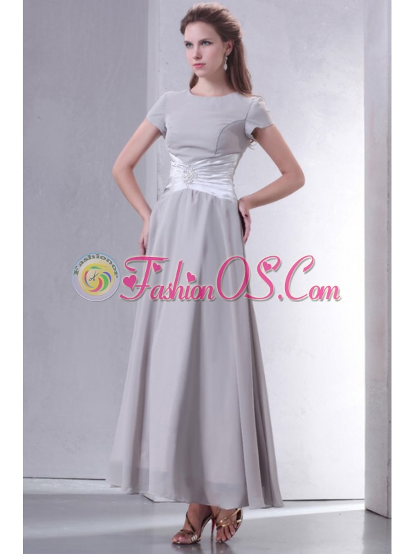 Ankle-length Grey Empire Scoop Prom Dress with Short Sleeves
