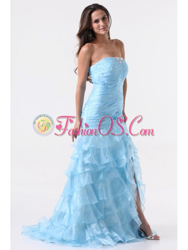 Aqua Blue Mermaid Strapless Prom Dress with Beading and Layers