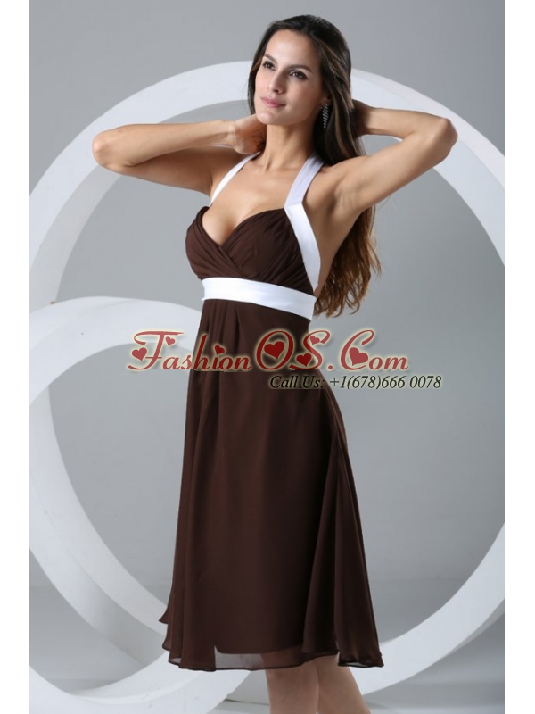 Brown Halter Top Ruching Chiffon Knee-length Prom Dress