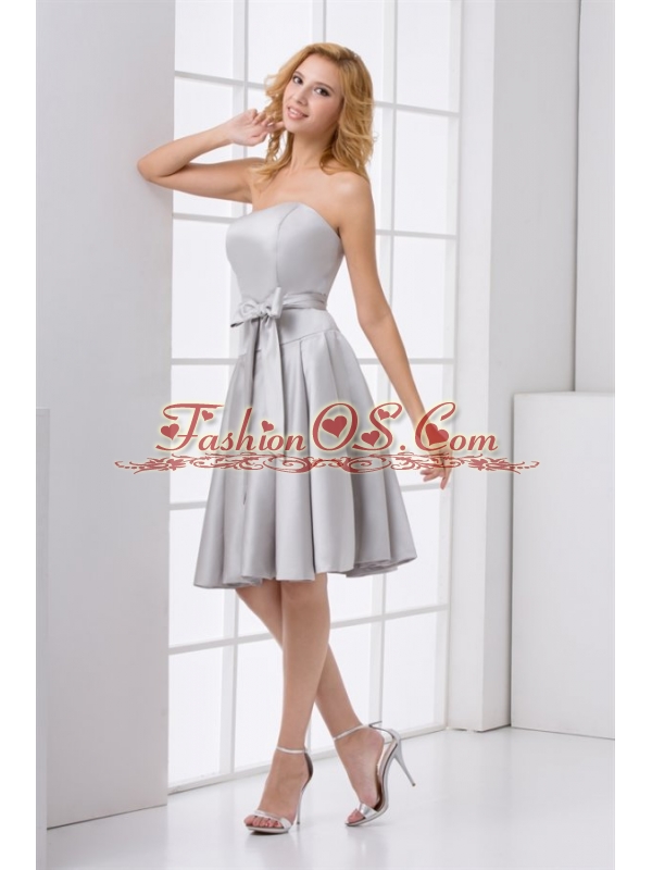 Cheap A-line Strapless Grey Mini-length Prom Dress with Bowknot