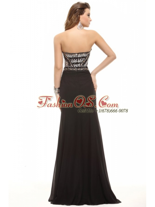 Column Black Strapless Beading Chiffon Floor-length Prom Dress