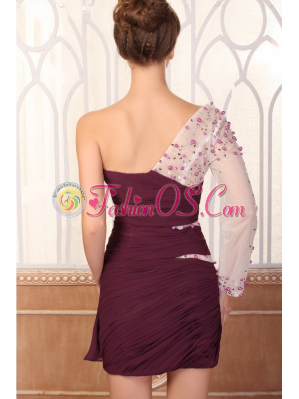 Column One Shoulder Beading Long Sleeves Chiffon Prom Dress
