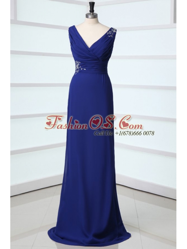 Mermaid Royal Blue V-neck Beading and Ruching Prom Dress