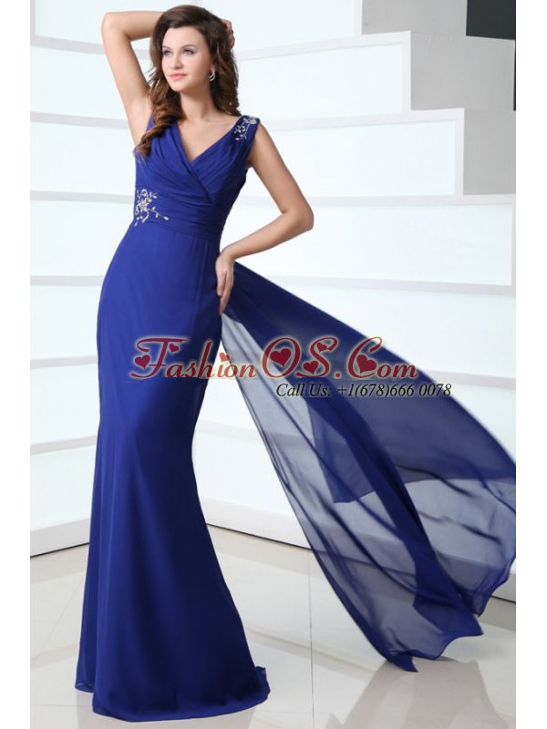 Mermaid Royal Blue V-neck Beading and Ruching Prom Dress
