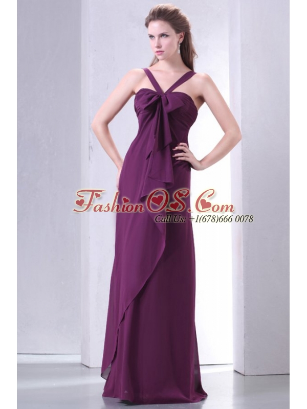 Purple Empire V-neck Straps Prom Dress with Bowknot
