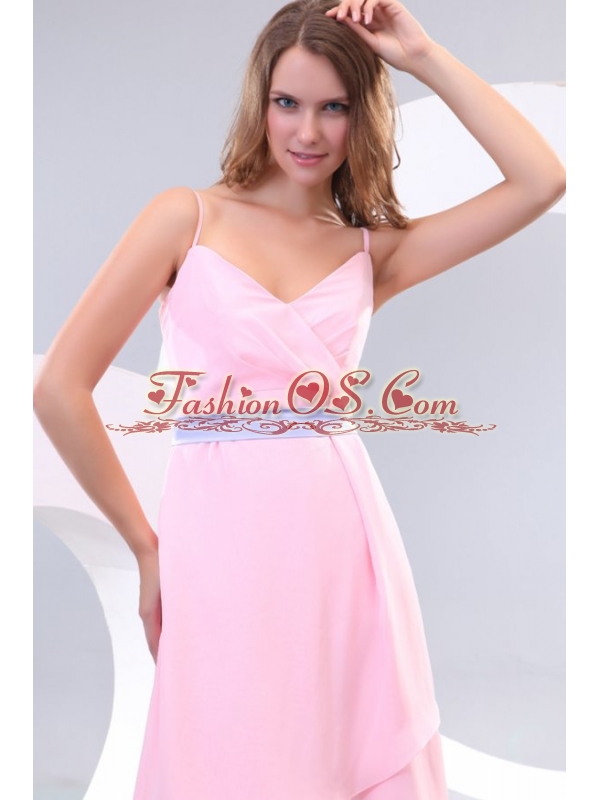 Cheap Baby Pink Spaghetti Straps High-low Prom Dress with Lavender Sash