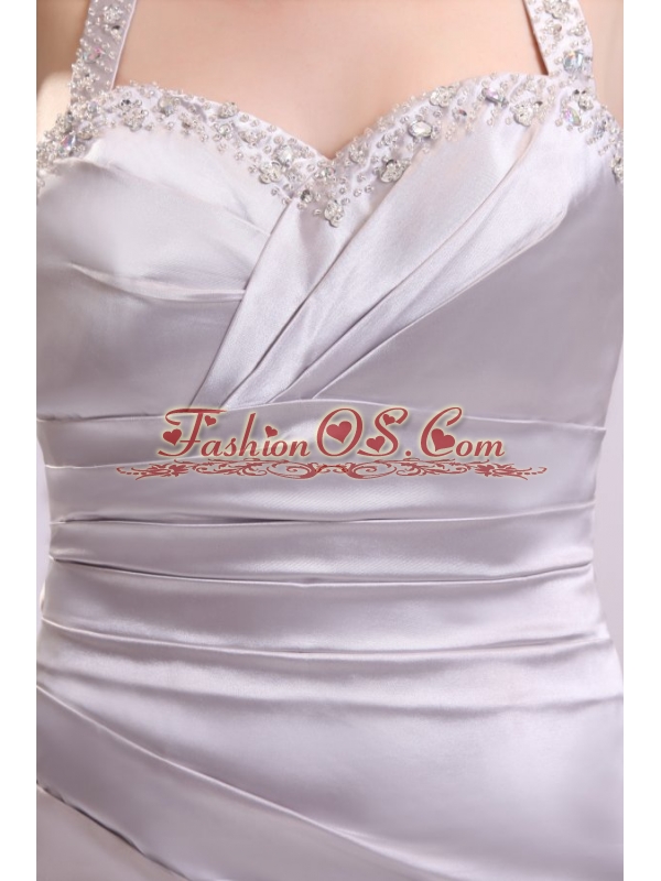 Column Gray Ruching Beading Halter Top Floor-length Prom Dress