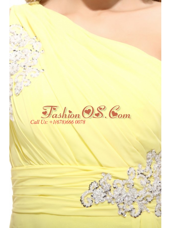 Column  One Shoulder Light Yellow Appliques Ruching Prom Dress