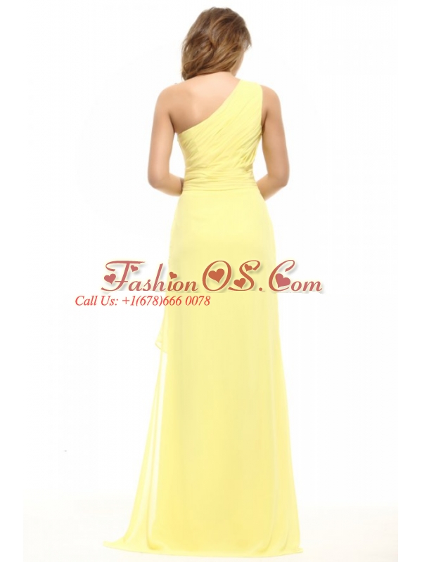 Column  One Shoulder Light Yellow Appliques Ruching Prom Dress