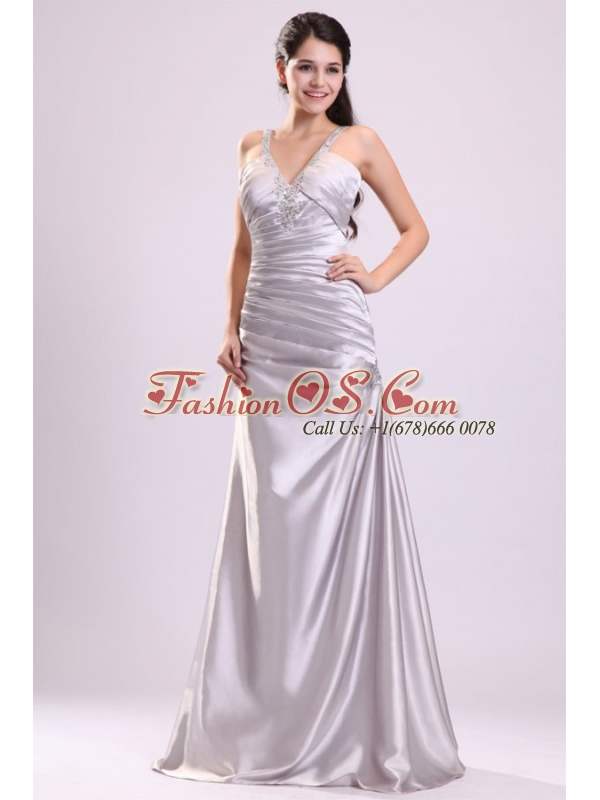 Column Straps Beading Ruching Satin Floor-length Gray Prom Dress