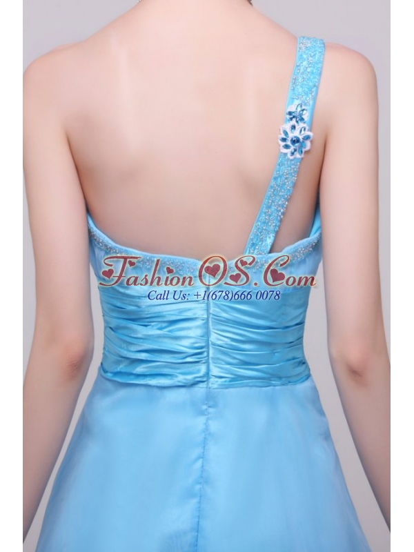 Light Blue One Shoulder High-low Beaded Decorate Prom Dress for Girls
