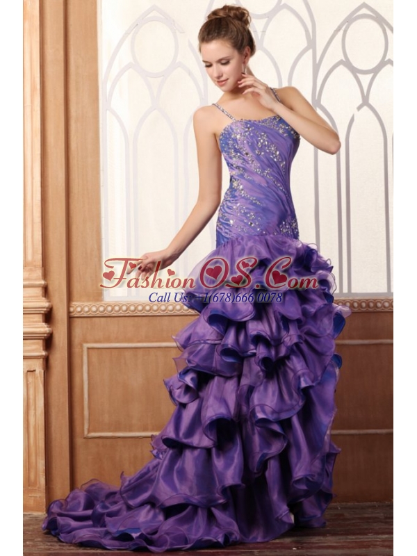 Purple Column Spaghetti Straps Prom Dress with Beading and Layers
