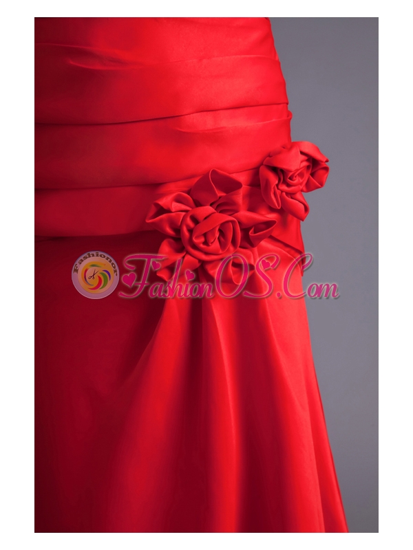 Column Spaghetti Straps Wine Red Ruching Hand Made Flower Brush Train Prom Dress