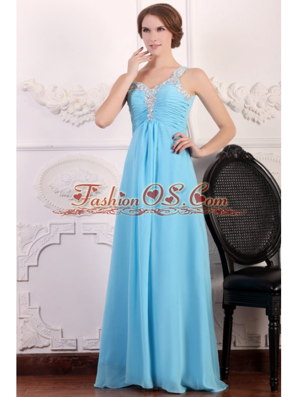 Aqua Blue One Shoulder Empire Chiffon Beaded Decorate Prom Dress
