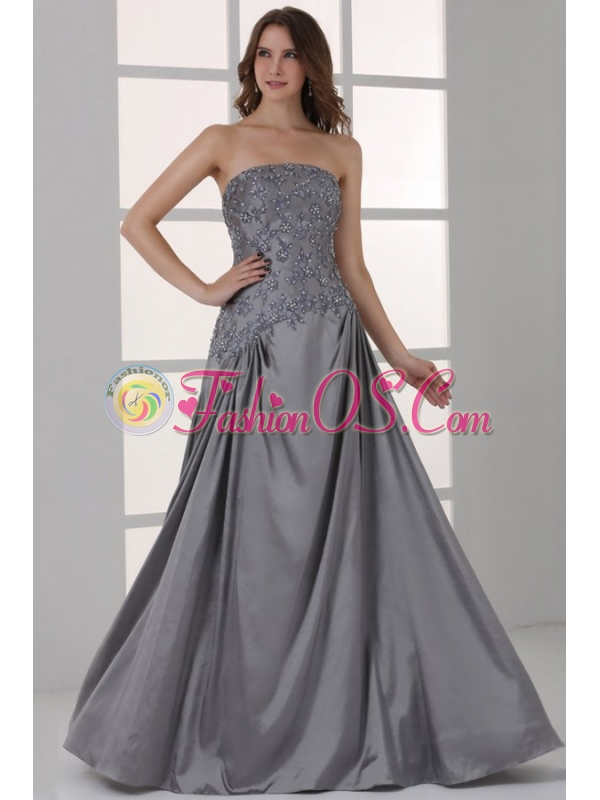 Grey A-line Scoop Half Sleeves Prom Dress with Appliques and Beading