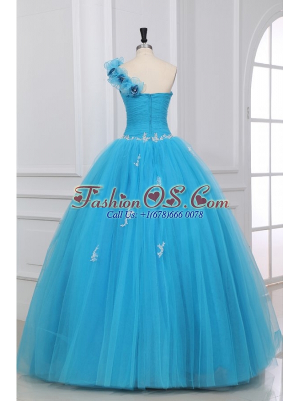 Appliques and Hand Made Flowers One Shoulder Quinceanera Dress in Aqua