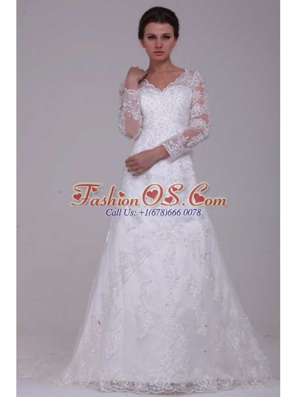 A-Line V-Neck Lace Up Lace Appliques Court Train Wedding Dress with 3/4 Sleeveles