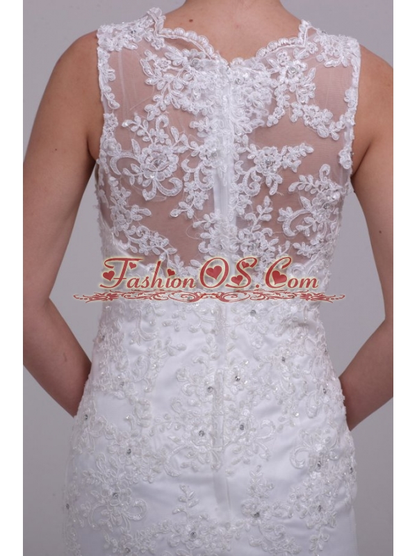 Column High Neck Appliques Lace Wedding Dress with Brush Train
