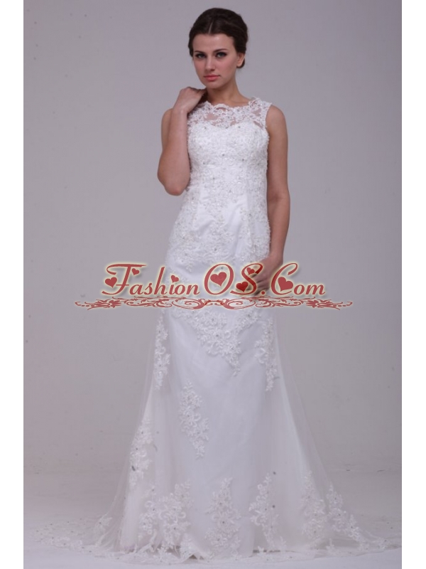 Column High Neck Appliques Lace Wedding Dress with Brush Train