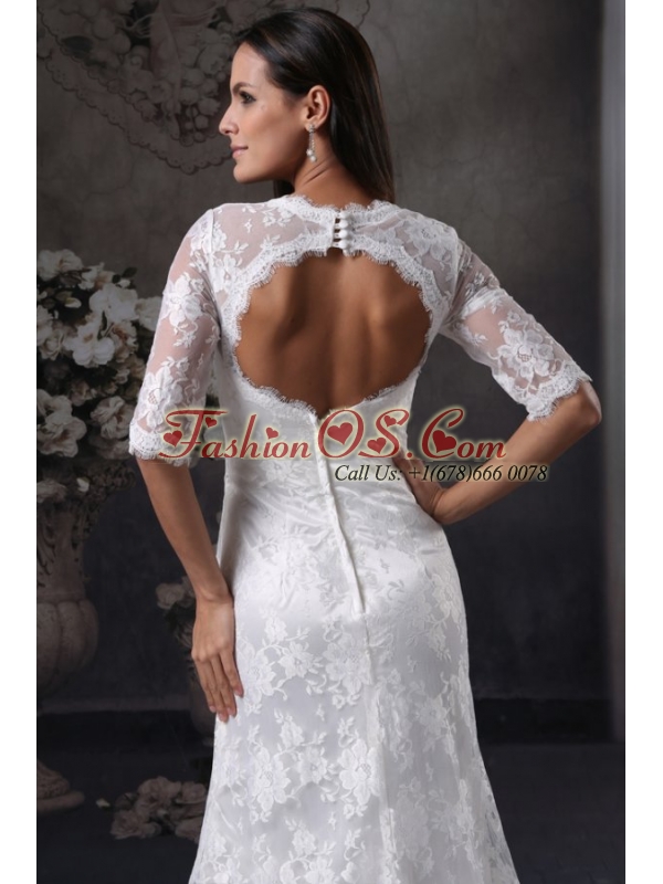 Column V-Neck Open Back Lace Wedding Dress with Court Train