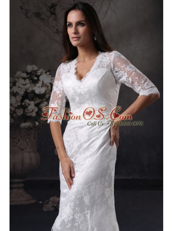Column V-Neck Open Back Lace Wedding Dress with Court Train