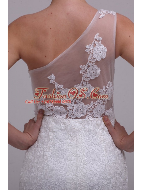 One Shoulder Column Lace Organza Brush Train Wedding Dress