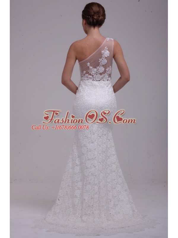 One Shoulder Column Lace Organza Brush Train Wedding Dress