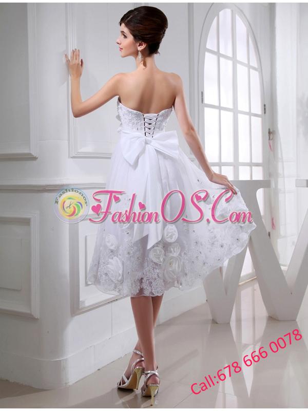 A-line Strapless Tulle Appliques Hand Made Flower White Wedding Dress