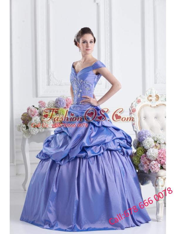 Blue Off The Shoulder Pick-ups Purple Quinceanera Dress with Beading