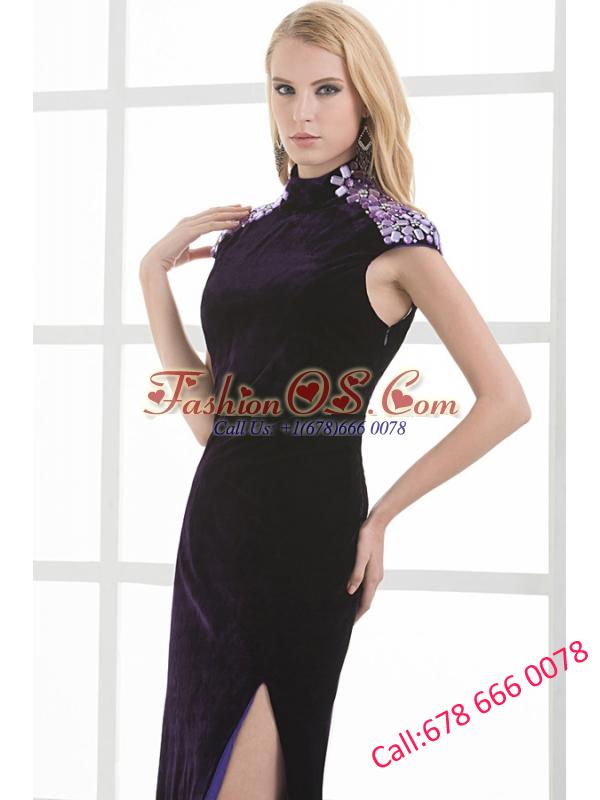 Column High-neck Cap Sleeves Dark Purple Beading High Slit Prom Dress