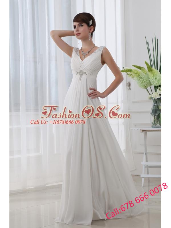 Discount Empire V-neck Floor-length Chiffon White Wedding Dress with Beading