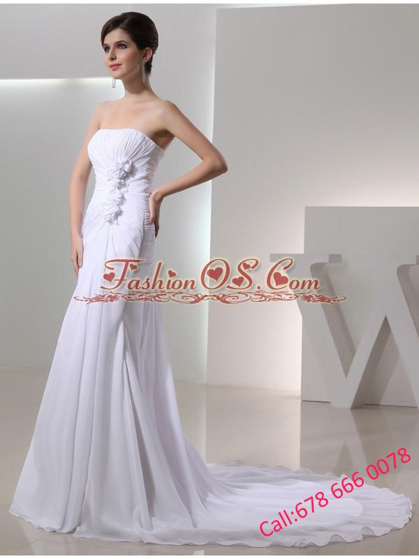 Elegant Column Strapless Court Train Chiffon Ruching White Wedding Dress in 2014
