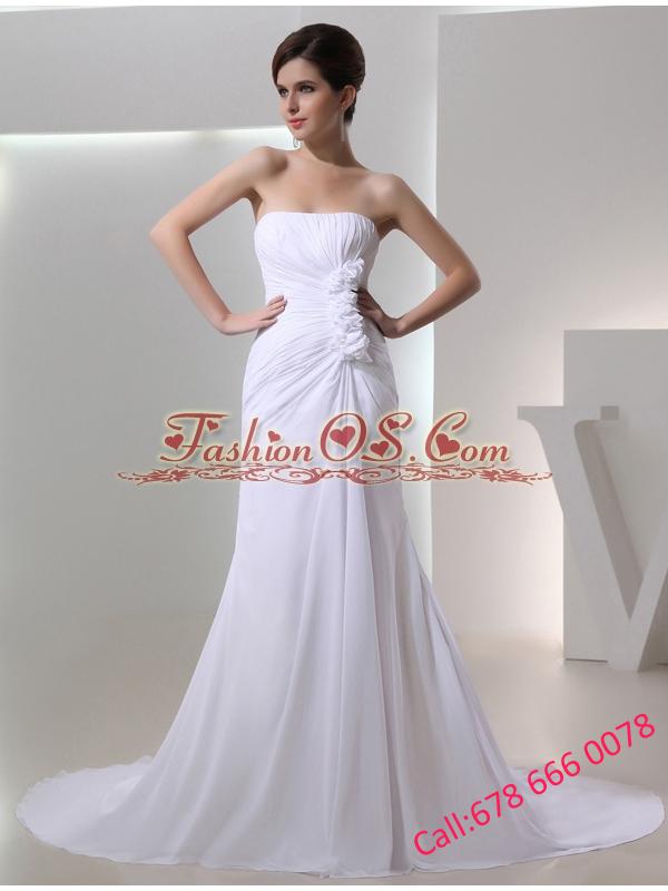 Elegant Column Strapless Court Train Chiffon Ruching White Wedding Dress in 2014