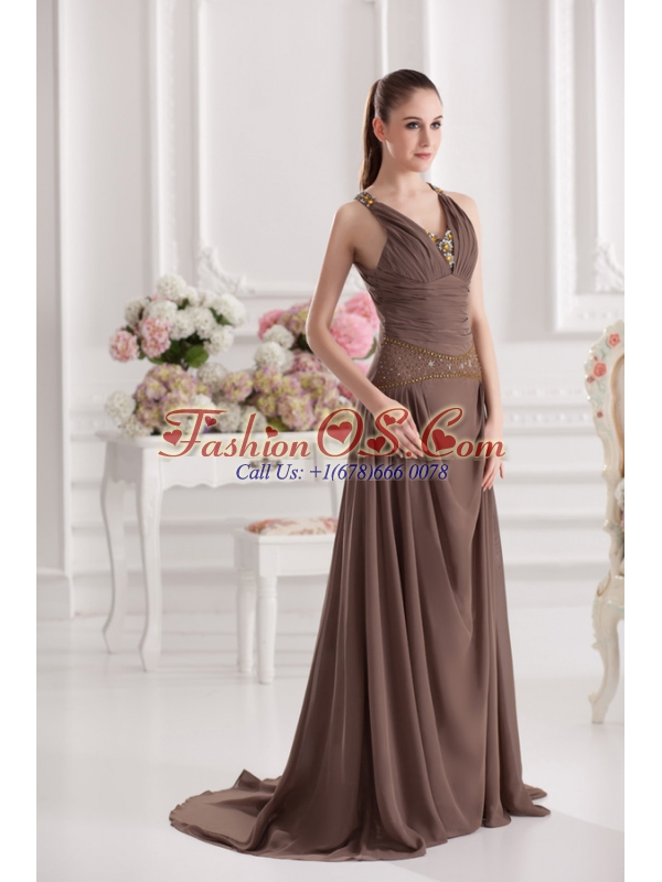 A-line Sweetheart Floor-length Beading Ruching Brown Prom Dress 1