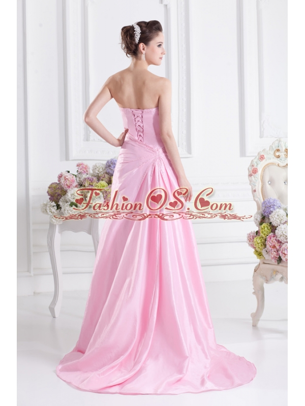 Baby Pink A-line Court Train Strapless Ruching Prom Dress