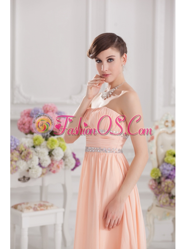 Peach Empire Strapless Prom Dress with Ruching and Beading