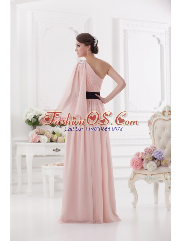 Baby Pink Empire One Shoulder Prom Dress with Ruching and Handle Made Flower