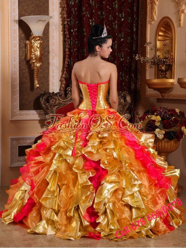 Ball Gown Strapless Floor-length Organza Embroidery Gold Pretty Quinceanera Dresses