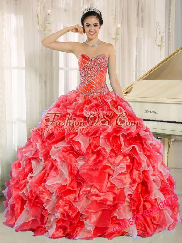 Beaded and Ruffles Custom Made For 2013 Red Puffy Quinceanera Dresses