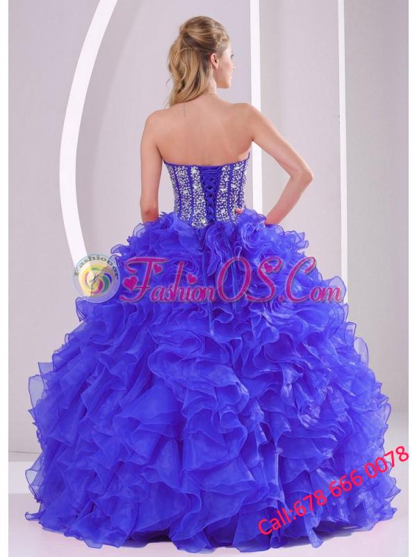 Blue Sweetheart Ruffles and Beaded Decorate Organza Puffy Quinceanera Dresses
