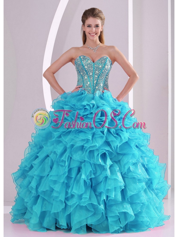 Baby Blue Sweetheart Ruffles and Beaded Decorate Sleeveless Cute Quinceanera Dresses