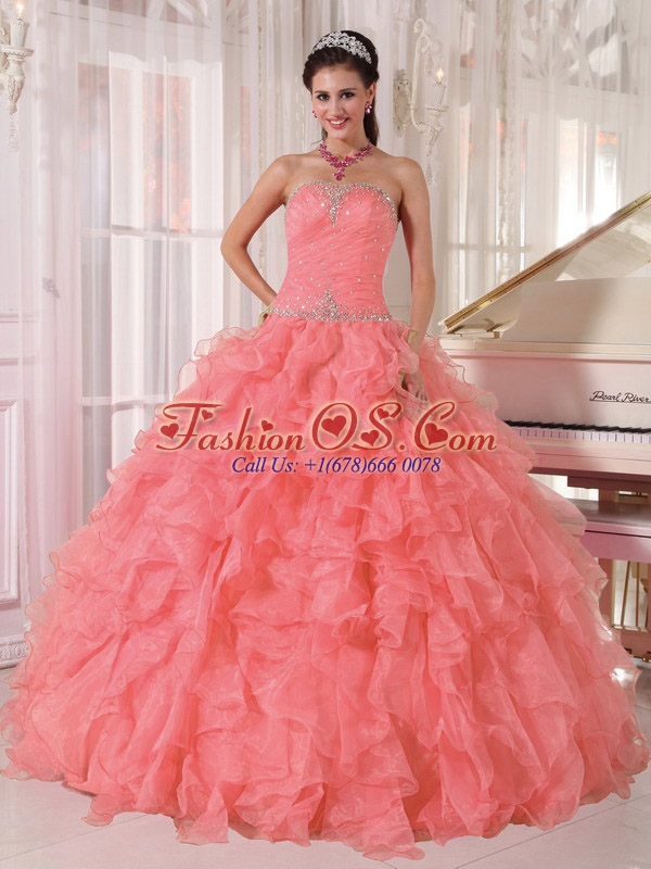 Ball Gown Strapless Floor-length Organza Beading Cute Quinceanera Dresses with Watermelon Red