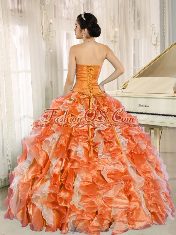 Beaded and Ruffles Custom Made For 2013 Orange Sweetheart Cute Quinceanera Dresses