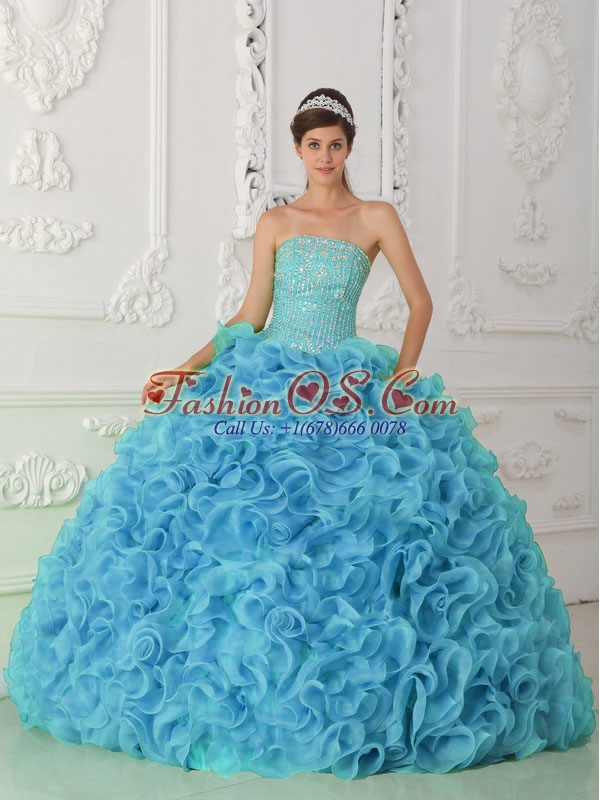 Organza Ball Gown Strapless Beading Blue Cute Quinceanera Dresses with Ruffles